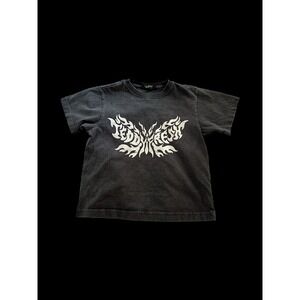 Teddy Fresh Y2K Flames Logo Women's Baby Tee Black T Shirt Sz XS Faded